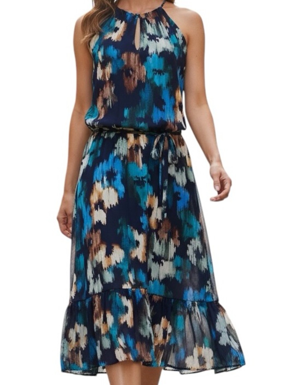 Simply Vera Vera Wang Navy Teal Multi-Print Halter Midi Dress Size Small